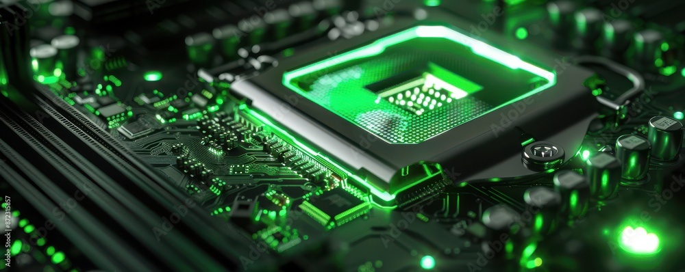 Green glowing GPU graphics card on a sleek black motherboard, high-tech and futuristic. Green glowing GPU graphics card on a sleek black motherboard, high-tech and futuristic.