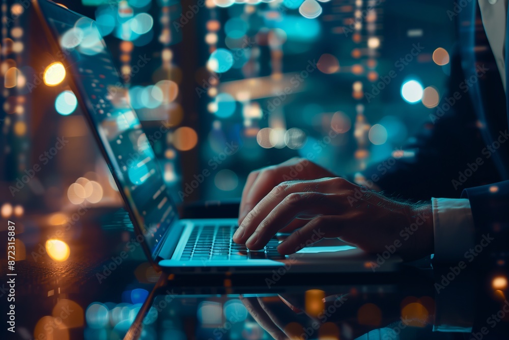 A man is typing on a laptop in a dimly lit room. Concept of focus and concentration as the man works on his computer. The lighting and the man's posture suggest that he is deeply engaged in his task A man is typing on a laptop in a dimly lit room. Concept of focus and concentration as the man works on his computer. The lighting and the man's posture suggest that he is deeply engaged in his task