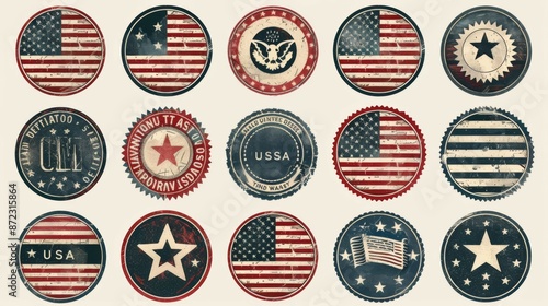 A collection of vintage badges featuring American flag elements and styles, evoking a sense of nostalgia and pride in American heritage and cultural symbolism.