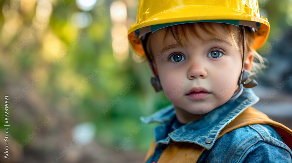 Portrait of cute little toddler boy wearing yellow hard hat or helmet, copy space, male child or kid industry business engineering service, architect or builder job, professional employee, son, future Portrait of cute little toddler boy wearing yellow hard hat or helmet, copy space, male child or kid industry business engineering service, architect or builder job, professional employee, son, future