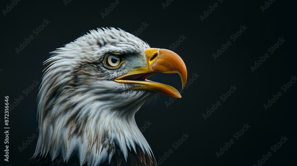 This striking image presents an eagle in an intense side view, highlighting its intricate and detailed features, set against a dark background to emphasize its fierce nature. This striking image presents an eagle in an intense side view, highlighting its intricate and detailed features, set against a dark background to emphasize its fierce nature.