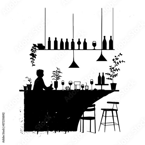 Alcohol bar with barmen – black and white Illustration