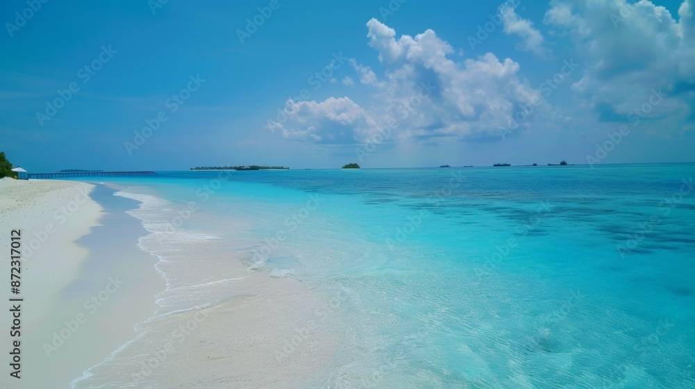 This image depicts an idyllic, pristine beach with soft, white sand and clear blue ocean waters against the backdrop of a bright and clear sky, an embodiment of pure tranquility. This image depicts an idyllic, pristine beach with soft, white sand and clear blue ocean waters against the backdrop of a bright and clear sky, an embodiment of pure tranquility.