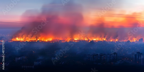 City at Risk Forest Fires Threaten Homes and Spark Environmental Concerns. Concept City at Risk, Forest Fires, Homes Threatened, Environmental Concerns © Ян Заболотний