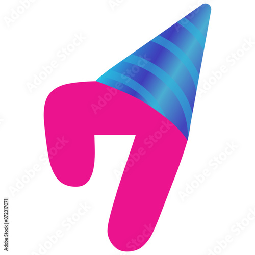 Seven Years Anniversary Greeting Card Invitation Template Design with Pink Number seven with Blue Birthday Hat. Postcard party invitation design for 7 anniversary.