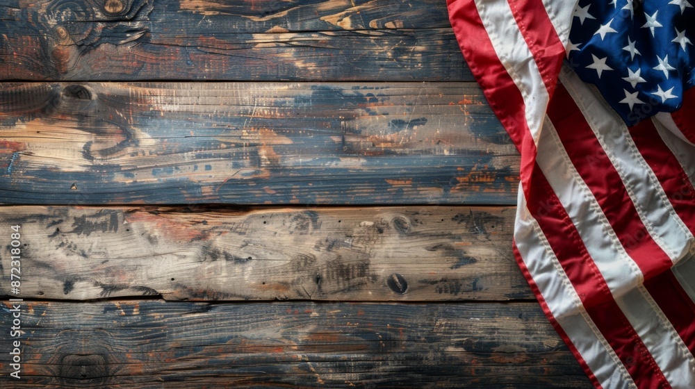 This image showcases the American flag gracefully draped over rustic, weathered wooden boards, blending a sense of vintage charm with patriotic pride. This image showcases the American flag gracefully draped over rustic, weathered wooden boards, blending a sense of vintage charm with patriotic pride.
