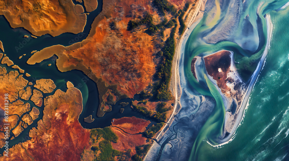 Naklejka premium Aerial drone view satellite photography of planet earth geography map with ocean or sea coast and land. Blue and orange global overview image, continent picture from space, terrain environment