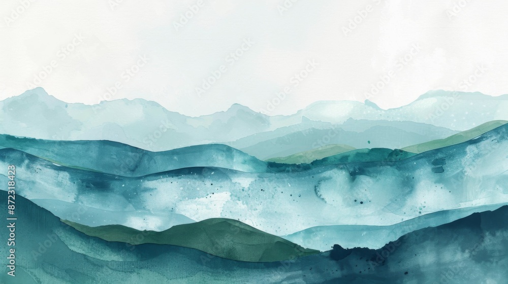 This artistic watercolor depicts blue and green mountain waves creating a serene, calm scene, representing the beauty of nature and invoking feelings of peace and tranquility. This artistic watercolor depicts blue and green mountain waves creating a serene, calm scene, representing the beauty of nature and invoking feelings of peace and tranquility.