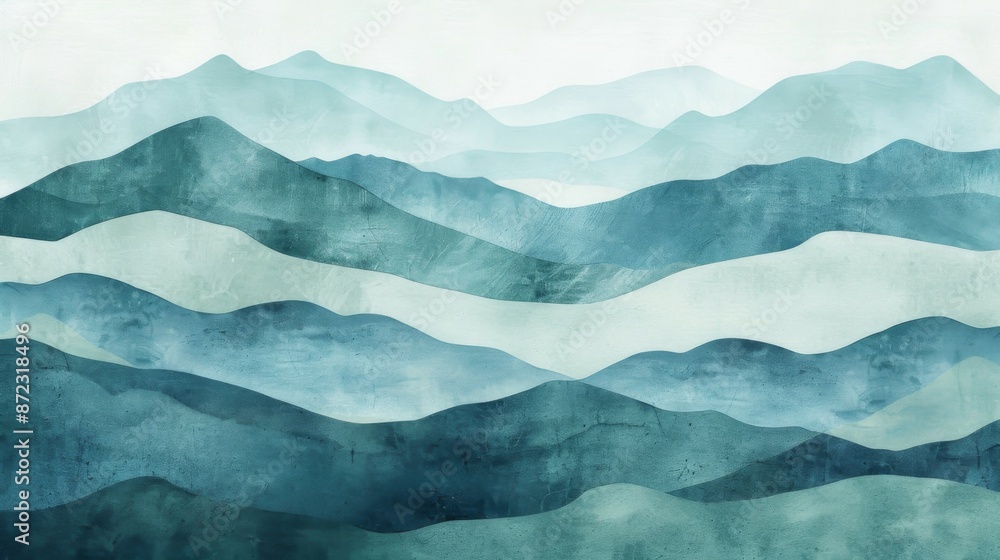This beautiful watercolor painting depicts layers of blue-toned mountain waves, illustrating an abstract and serene landscape that exudes peacefulness and a connection to nature. This beautiful watercolor painting depicts layers of blue-toned mountain waves, illustrating an abstract and serene landscape that exudes peacefulness and a connection to nature.