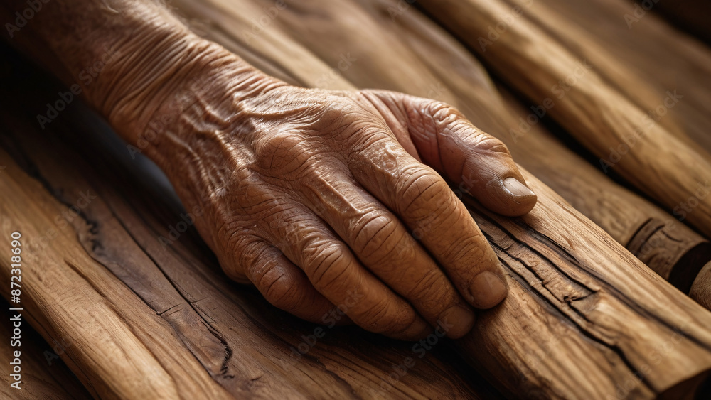 Fototapeta premium An aged, weathered hand gently rests on a piece of polished wood, highlighting the intricate textures and grain of the timber. The image captures the essence of craftsmanship.