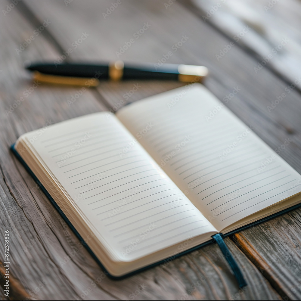 An open, lined notebook with a blue ribbon bookmark resting on a rustic wooden table, accompanied by a black and gold pen placed in the background An open, lined notebook with a blue ribbon bookmark resting on a rustic wooden table, accompanied by a black and gold pen placed in the background