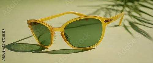 Minimalist summer concept with a palm tree beach sunglasses on blank yellow green background