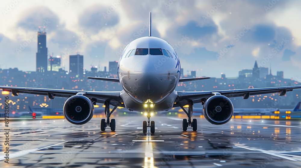 A passenger airplane taxiing on the runway in an international airport A passenger airplane taxiing on the runway in an international airport