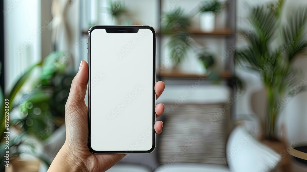 A cozy, plant-filled room is the backdrop for a hand holding a smartphone, emphasizing modern technology's place in home relaxation and inviting environments. A cozy, plant-filled room is the backdrop for a hand holding a smartphone, emphasizing modern technology's place in home relaxation and inviting environments.