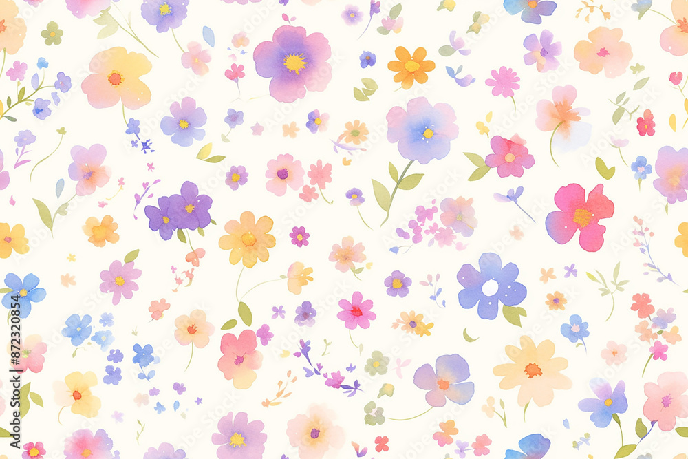 Soft pastel flowers in shades of pink, purple, and yellow scattered on a white background, creating a light and airy seamless pattern. Soft pastel flowers in shades of pink, purple, and yellow scattered on a white background, creating a light and airy seamless pattern.