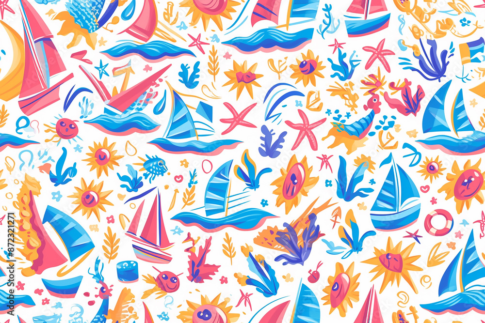 Naklejka premium A seamless nautical pattern with boats, waves, and sea creatures in vibrant colors, ideal for maritime and summer themes.