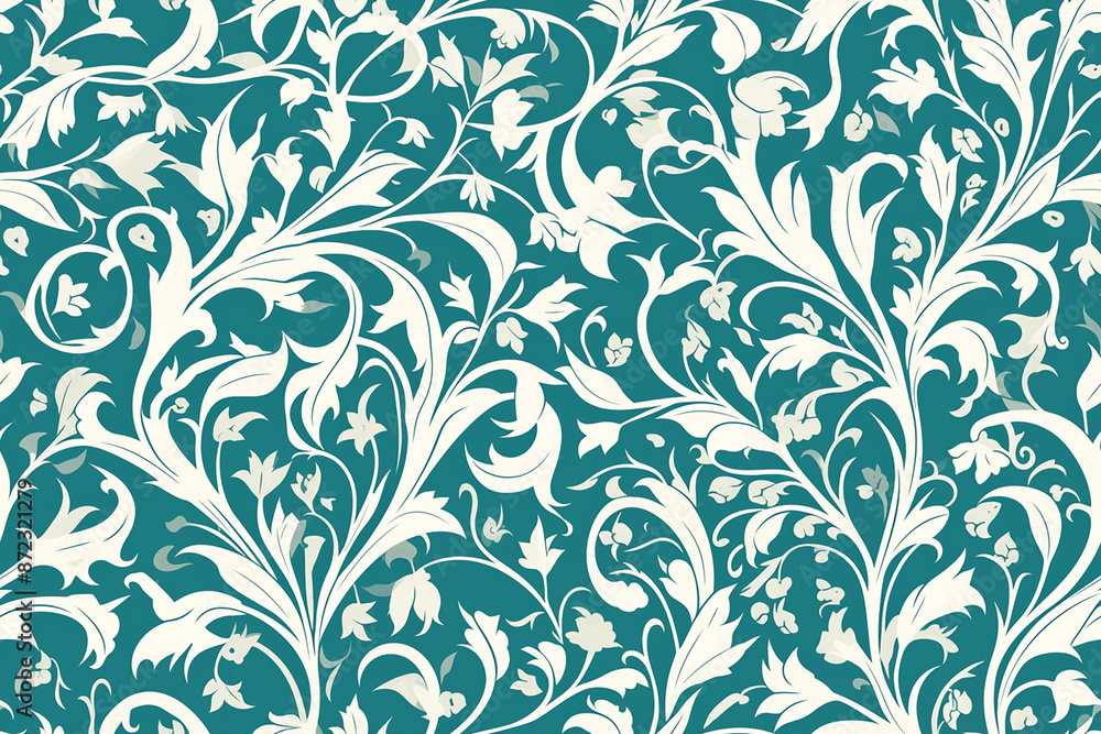 A seamless floral pattern with intricate white leaves and flowers on a teal background, creating an elegant and vintage look. A seamless floral pattern with intricate white leaves and flowers on a teal background, creating an elegant and vintage look.