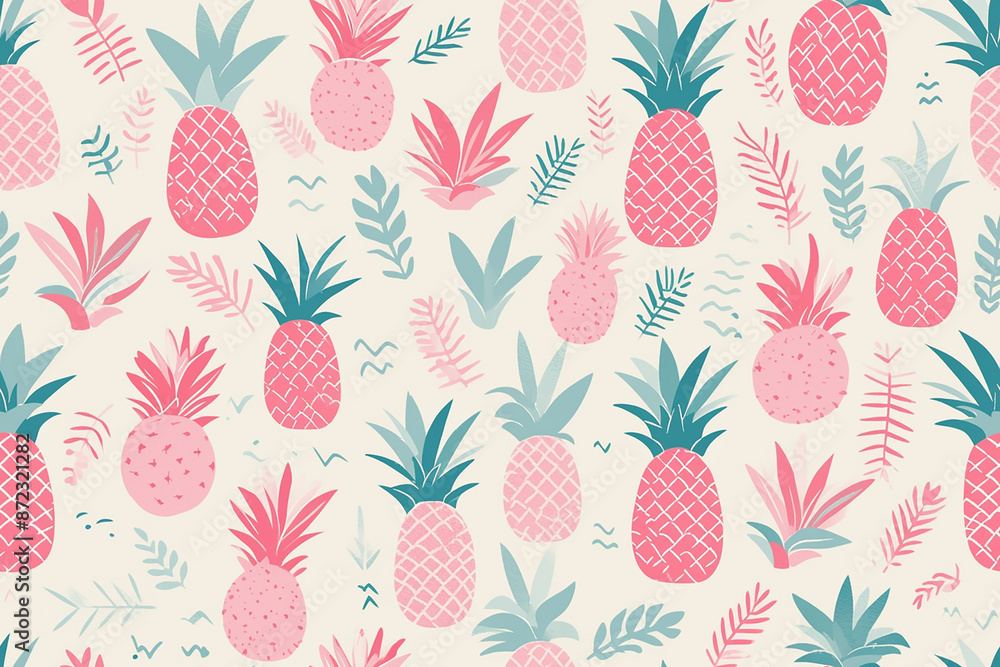 A seamless pineapple pattern with stylized pineapples and leaves in pink and green hues, perfect for tropical and fun designs. A seamless pineapple pattern with stylized pineapples and leaves in pink and green hues, perfect for tropical and fun designs.
