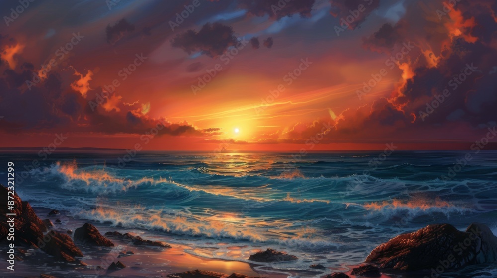 A grand scene of an ocean sunset with dramatic skies and waves crashing towards the shore, capturing the intense beauty and power of nature at dusk. A grand scene of an ocean sunset with dramatic skies and waves crashing towards the shore, capturing the intense beauty and power of nature at dusk.