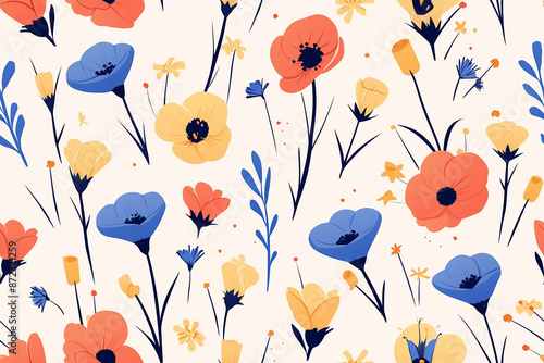 A seamless floral pattern with colorful flowers and leaves on a light background, bringing a cheerful and spring-like atmosphere.