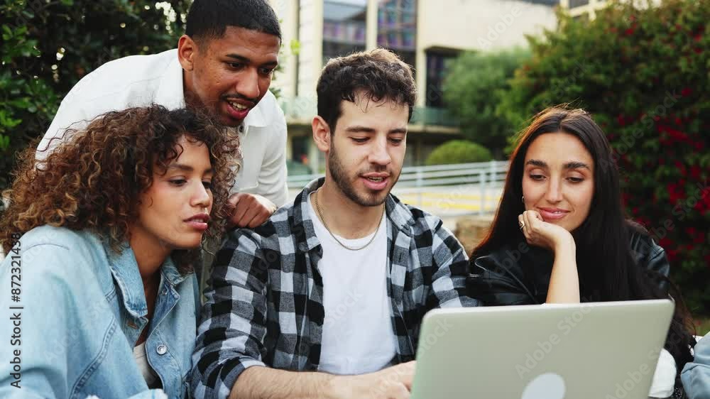 Multi-ethnic students working together on a laptop outside. Diverse students collaborate on a laptop outdoors, sharing ideas in a friendly environment Multi-ethnic students working together on a laptop outside. Diverse students collaborate on a laptop outdoors, sharing ideas in a friendly environment