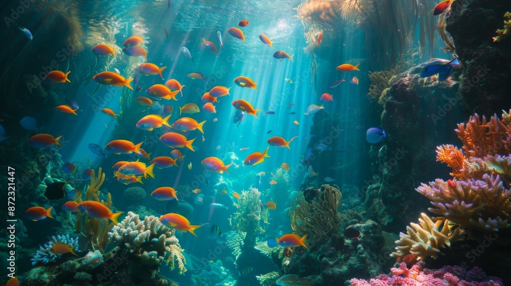 Fototapeta premium A mesmerizing scene of tropical fish swimming in an underwater paradise filled with diverse and colorful coral formations, illustrating the vibrant marine environment.