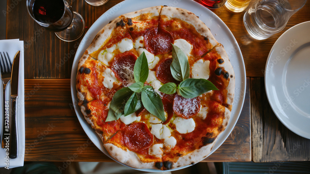 Top above view of round circle pizza on a plate on wooden table. Italian restaurant dinner or lunch meal serving, traditional tasty fast food, nobody, tomato, delicious Top above view of round circle pizza on a plate on wooden table. Italian restaurant dinner or lunch meal serving, traditional tasty fast food, nobody, tomato, delicious
