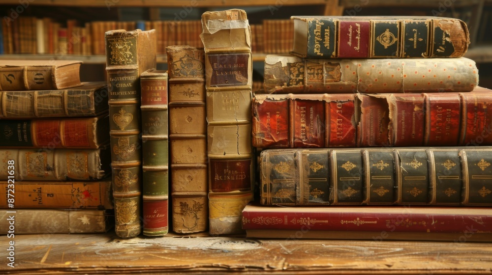 © Gia - The image portrays vintage books neatly lined up on wooden shelves in a scholarly library, reflecting the rich history, wisdom, and knowledge contained within their pages. © Gia - The image portrays vintage books neatly lined up on wooden shelves in a scholarly library, reflecting the rich history, wisdom, and knowledge contained within their pages.