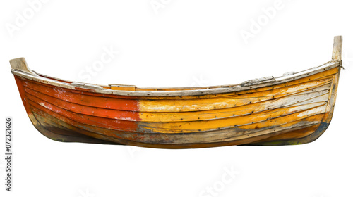 Vintage retro old rustic wooden fishing boat isolated on transparent background. River or lake water nature rowing, small vessel