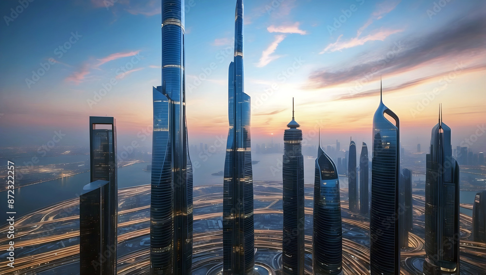 Modern futuristic cityscape at sunset, skyscrapers background, buildings and architecture