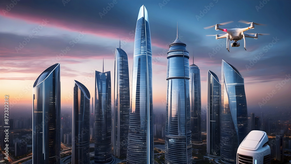Modern futuristic cityscape at sunset, skyscrapers background, buildings and architecture