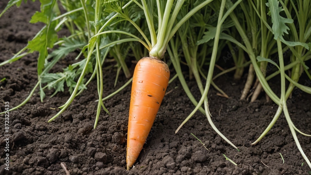 Vibrant Orange Carrot on Lush Green Field Bed Vibrant Orange Carrot on Lush Green Field Bed