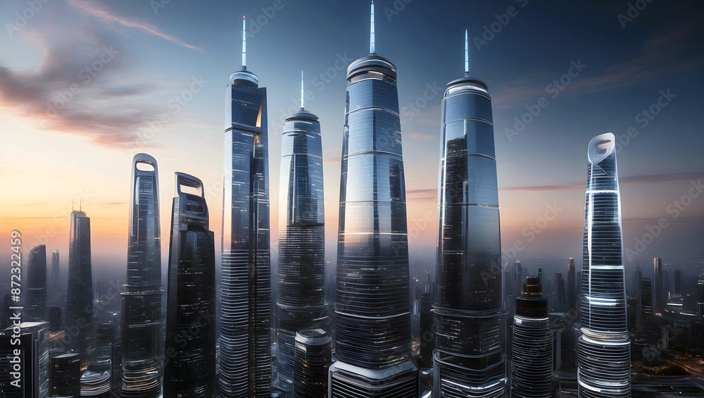 Modern futuristic cityscape at sunset, skyscrapers background, buildings and architecture