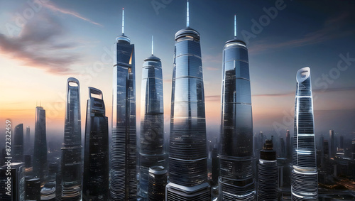 Obraz na płótnie Modern futuristic cityscape at sunset, skyscrapers background, buildings and architecture w salonie