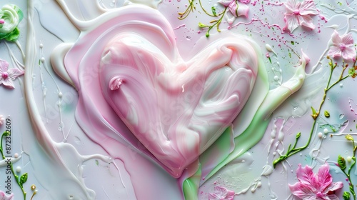 A heart-shaped symbol created from colored wax, melted into a delicate floral pattern with pastel pinks and greens isolated on a white background.