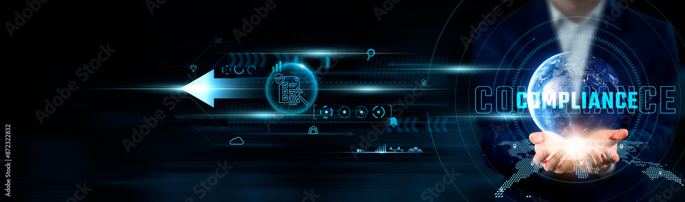 Fototapeta premium Compliance Concept. Businessman Holding Global Network Connection on Social Networking and Regulatory Standards, Risk Management, Ethical Practices, Technology, and Security Measures.