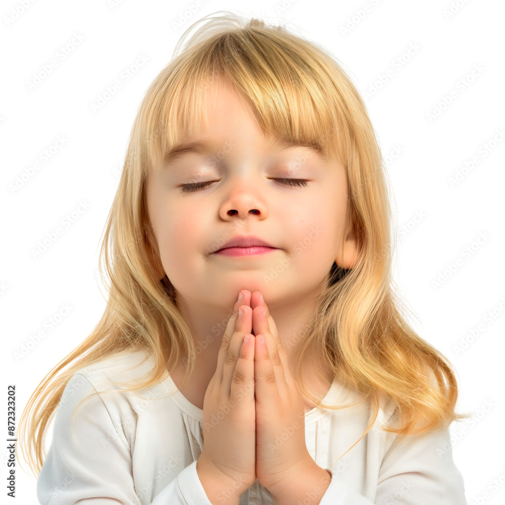 Closeup of little preschool toddler girl praying with closed eyes and clasped hands isolated on transparent background. Female child or kid Christian religion faith prayer to God Jesus Christ Closeup of little preschool toddler girl praying with closed eyes and clasped hands isolated on transparent background. Female child or kid Christian religion faith prayer to God Jesus Christ