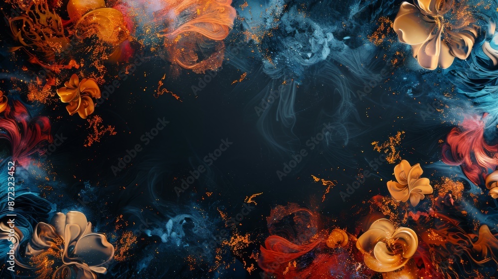 Abstract Fluid Art with Fiery Colors. Vibrant abstract fluid art featuring dynamic swirls of orange and blue, with golden floral elements and a dark background. Abstract Fluid Art with Fiery Colors. Vibrant abstract fluid art featuring dynamic swirls of orange and blue, with golden floral elements and a dark background.