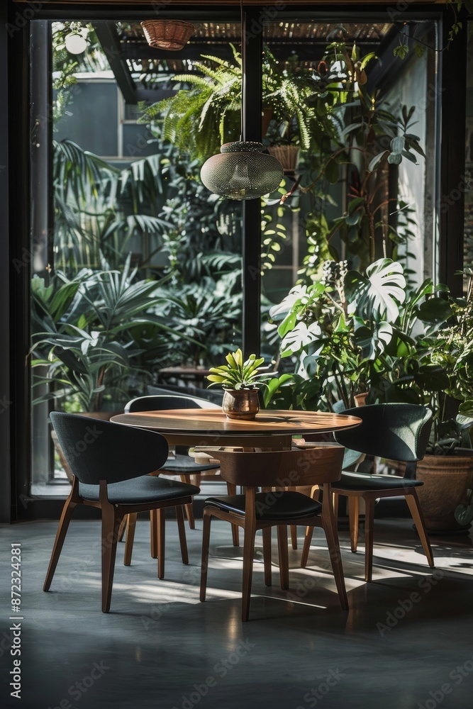 Interior of a modern dining room with wooden furniture and green plants Interior of a modern dining room with wooden furniture and green plants
