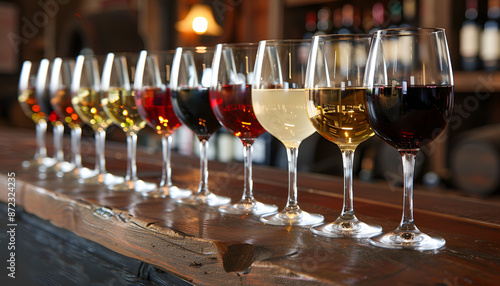 Many glasses of different wine in a row on bar counter