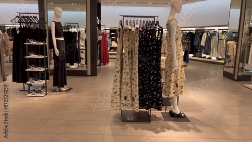 Shopping mall boutique filled with fashion tailoring, multiple racks with fashionable formal wear. Empty clothing showroom with trendy shirts on hangers, small business concept. Buying clothes. High