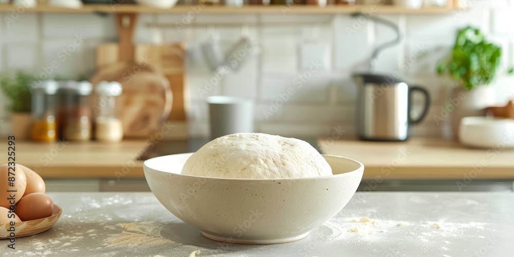 Bowl of dough rising on a rustic kitchen counter, surrounded by baking ingredients, creating a cozy atmosphere. Bowl of dough rising on a rustic kitchen counter, surrounded by baking ingredients, creating a cozy atmosphere.