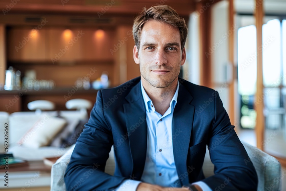 Fototapeta premium confident young businessman in a navy blue suit sits in a modern office