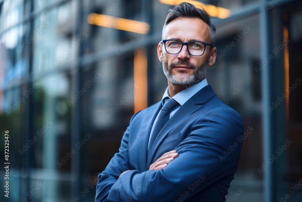 Fototapeta premium professional confident businessman with glasses in blue suit standing outside modern office building