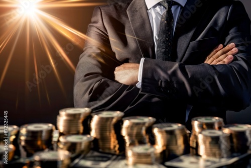 businessman with folded arms surrounded by gold coins and cash photo