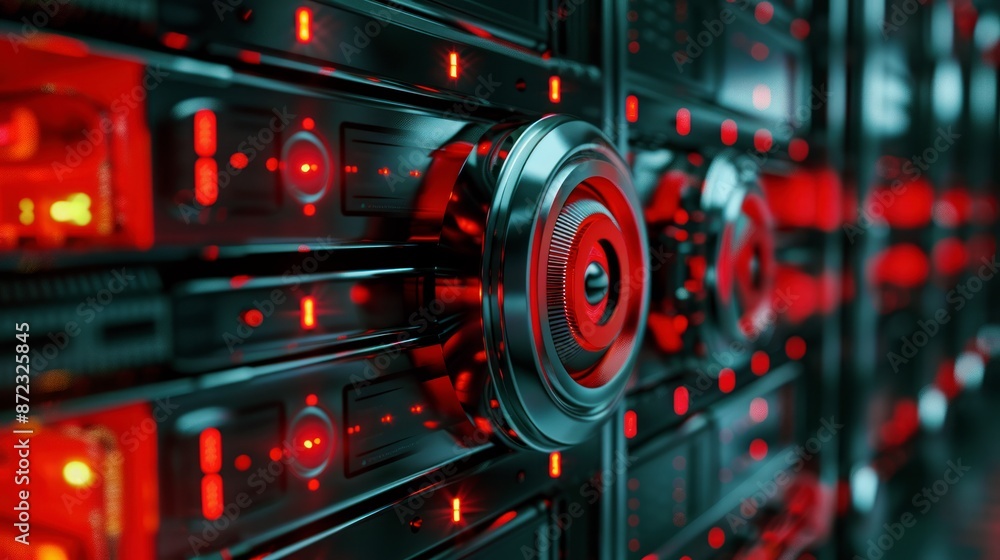 Obraz premium abstract data storage system glowing red lights high-tech backup technology cybersecurity