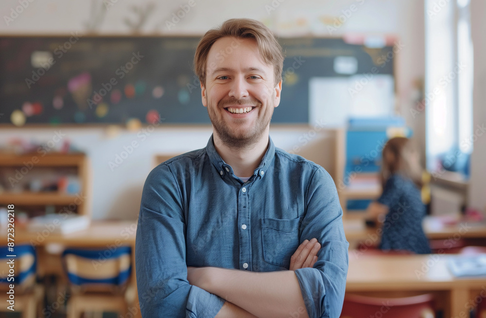Obraz premium Teacher standing, smiling, and looking at the camera with a blurred classroom background. Ideal for education, teaching, and academic leadership themes.