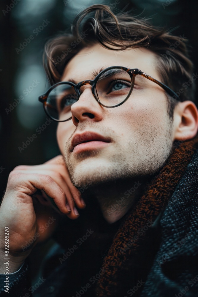 Obraz premium thoughtful young man with glasses and tousled hair looks upward