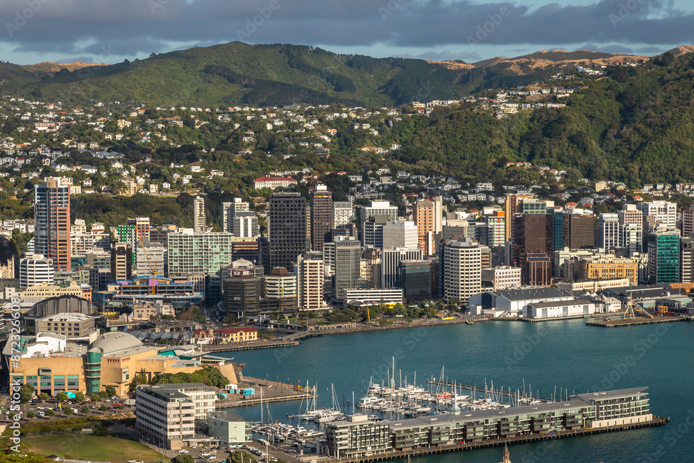 Naklejka premium Exposure of New Zealand's Capital Wellington, namely its Central Business District viewed from Mount Victoria, at day time on a beautiful sunny day, Australia