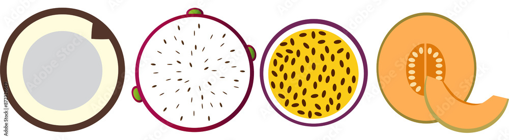 Fruit wector set illustration coconut, Passion Fruit, Dragon Fruit, Melon Fruit wector set illustration coconut, Passion Fruit, Dragon Fruit, Melon